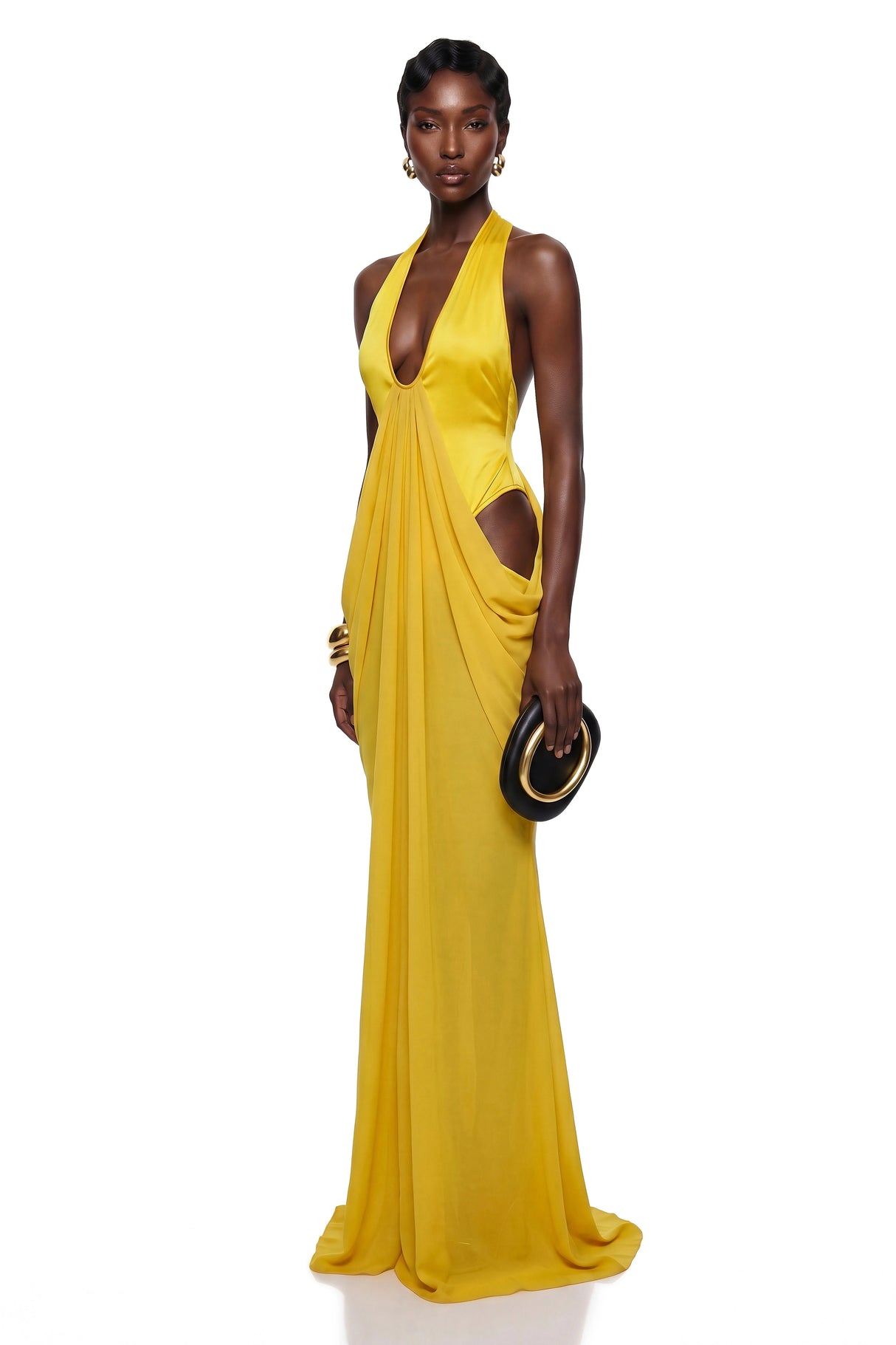 Pele Yellow CutOut Ruched Maxi Dress