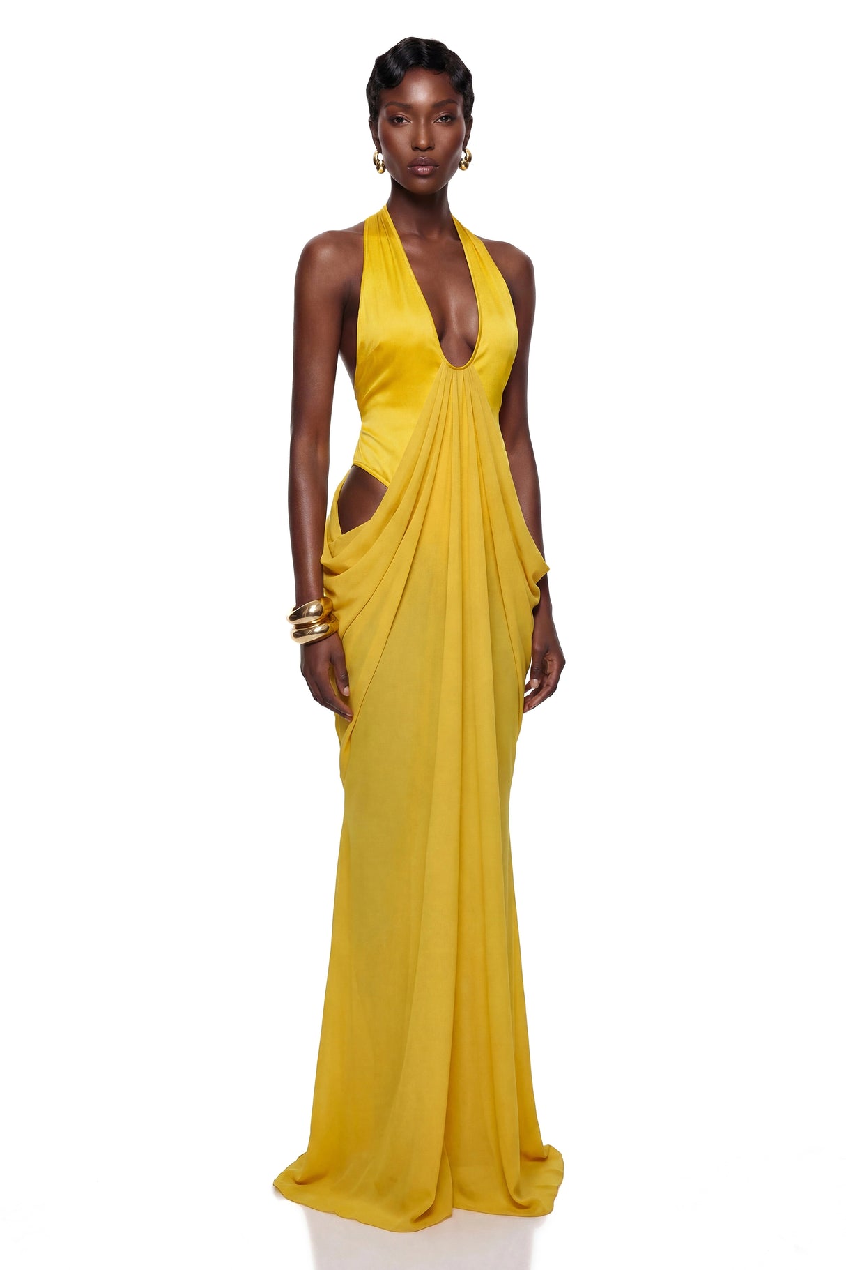 Pele Yellow CutOut Ruched Maxi Dress