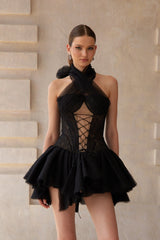 Pénélope Black Halterneck Lace Panel Mini Dress