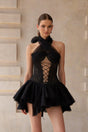 Pénélope Black Halterneck Lace Panel Mini Dress