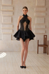 Pénélope Black Halterneck Lace Panel Mini Dress
