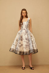 Pénélope Neutral Graphic Print Midi Dress