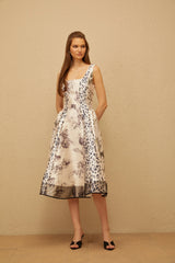 Pénélope Neutral Graphic Print Midi Dress