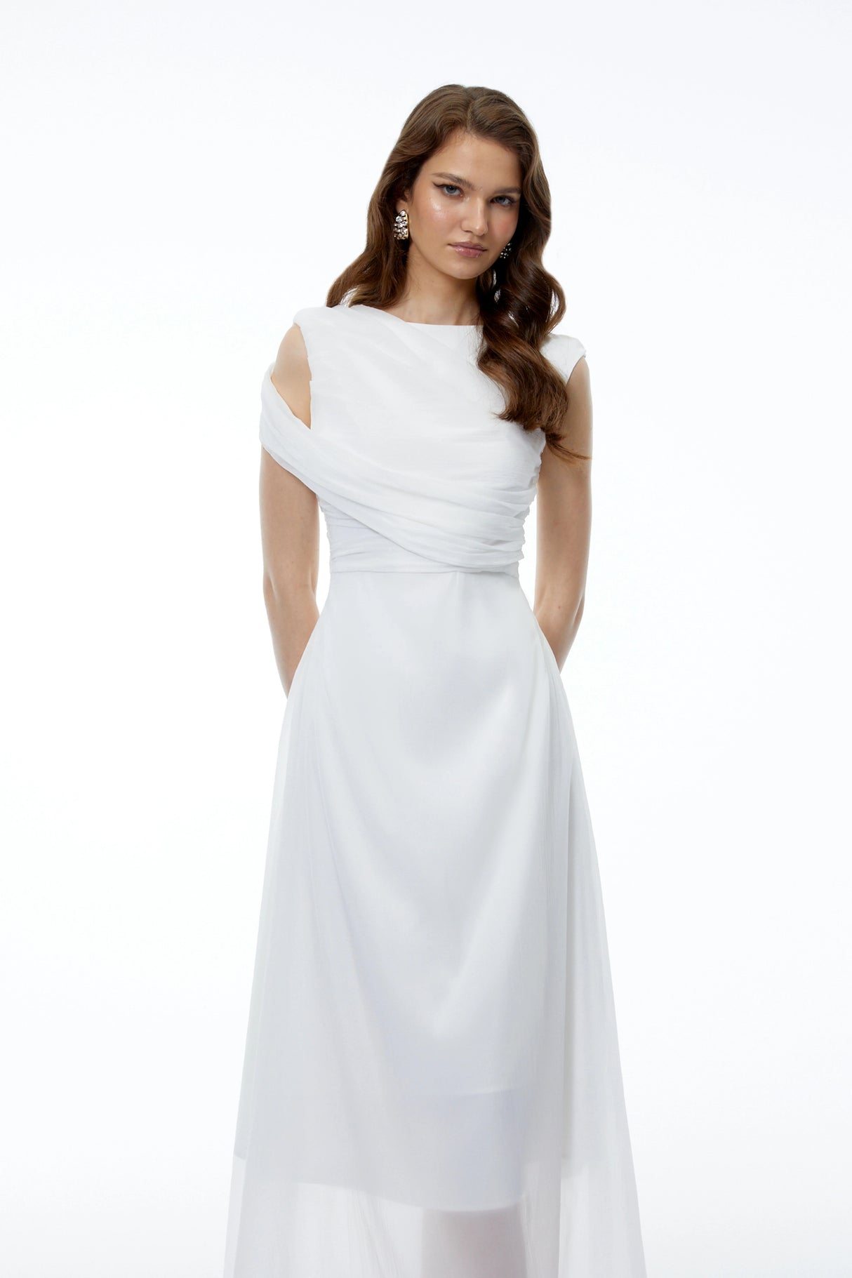 Penelope White Asymmetrical Sleeveless Maxi Dress
