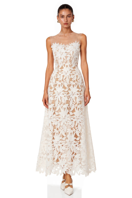 Guendalina Maxi Dress White Off Shoulder with 3D Florals