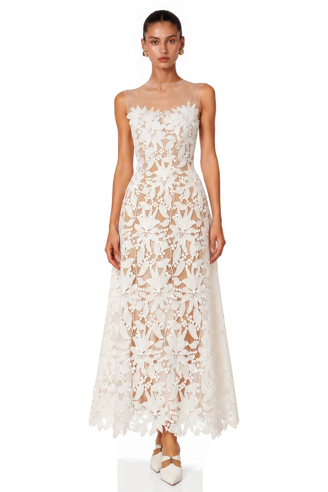 Penelope White Off Shoulder Maxi Dress with 3D Florals
