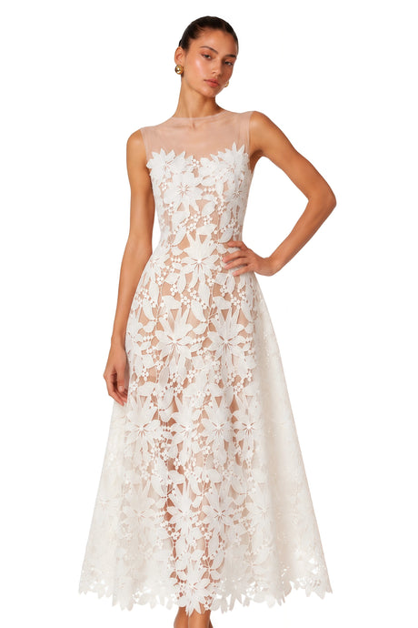Guendalina Maxi Dress White Off Shoulder with 3D Florals