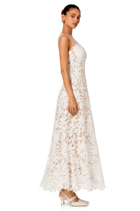 Guendalina Maxi Dress White Off Shoulder with 3D Florals