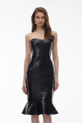 Penina Black Off Shoulder Crocembossed Midi Dress
