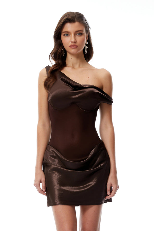 Pernilla Brown One Shoulder Satin Mini Dress