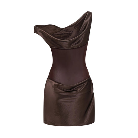 Landry Mini Dress Brown One Shoulder Satin