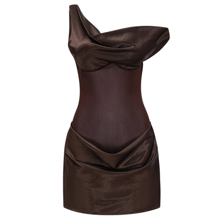 Landry Mini Dress Brown One Shoulder Satin