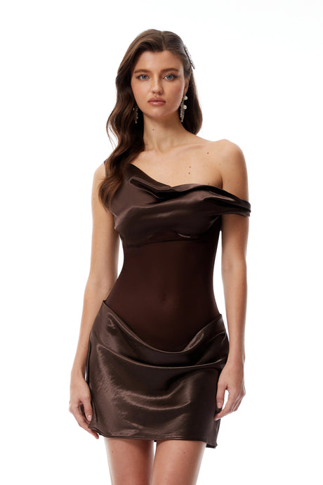 Landry Mini Dress Brown One Shoulder Satin