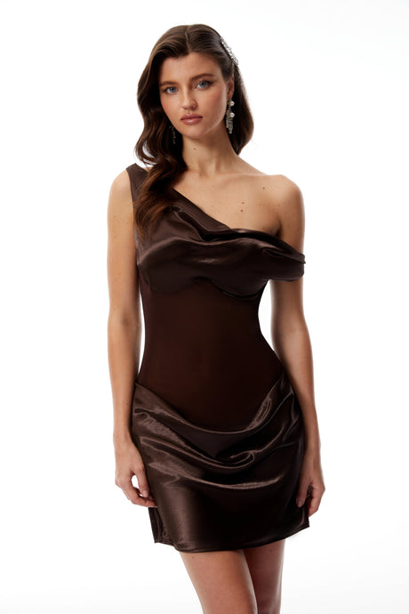 Landry Mini Dress Brown One Shoulder Satin