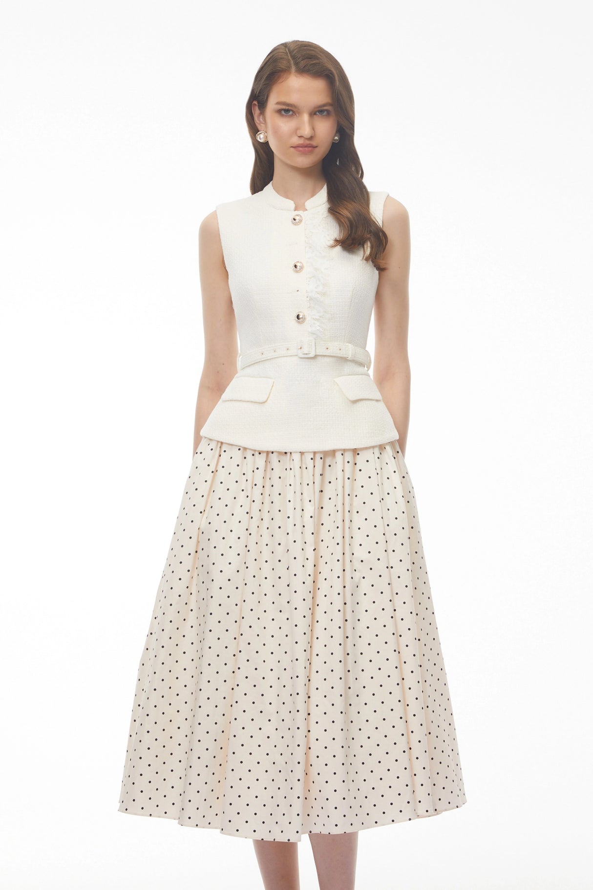 Pernilla White Sleeveless Polka Dot Midi Dress with Panels
