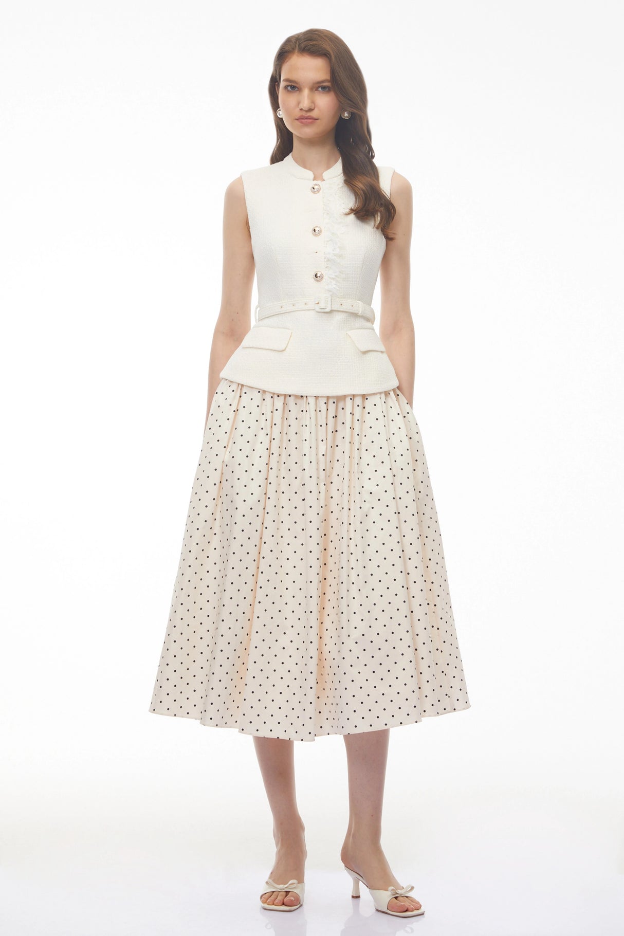Pernilla White Sleeveless Polka Dot Midi Dress with Panels