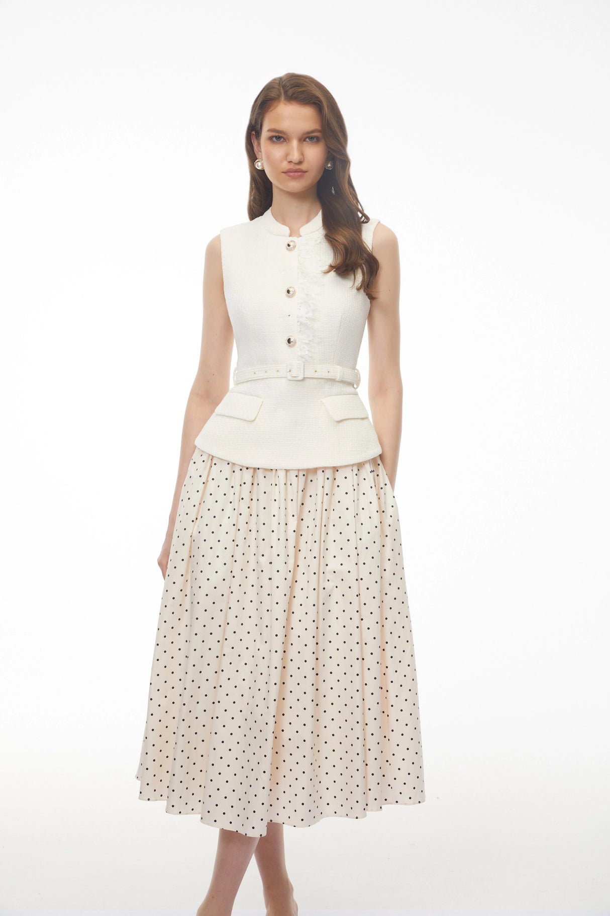Pernilla White Sleeveless Polka Dot Midi Dress with Panels