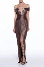 Pérola Bronze Gold Metallic Off Shoulder Maxi Dress