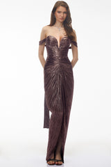 Pérola Bronze Gold Metallic Off Shoulder Maxi Dress