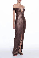 Pérola Bronze Gold Metallic Off Shoulder Maxi Dress