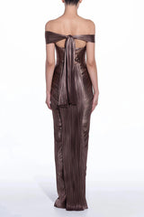 Pérola Bronze Gold Metallic Off Shoulder Maxi Dress