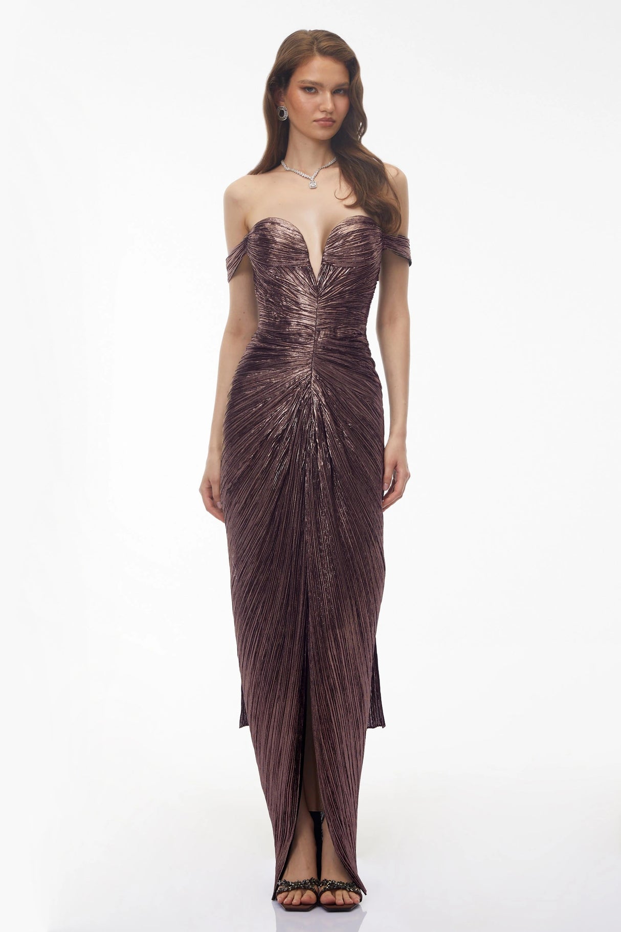 Pérola Bronze Gold Metallic Off Shoulder Maxi Dress