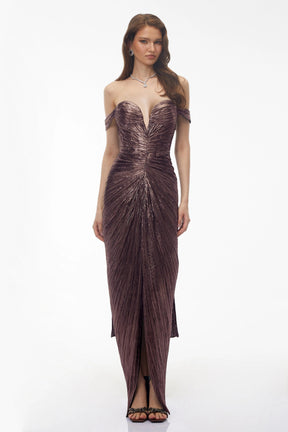 Pérola Bronze Gold Metallic Off Shoulder Maxi Dress