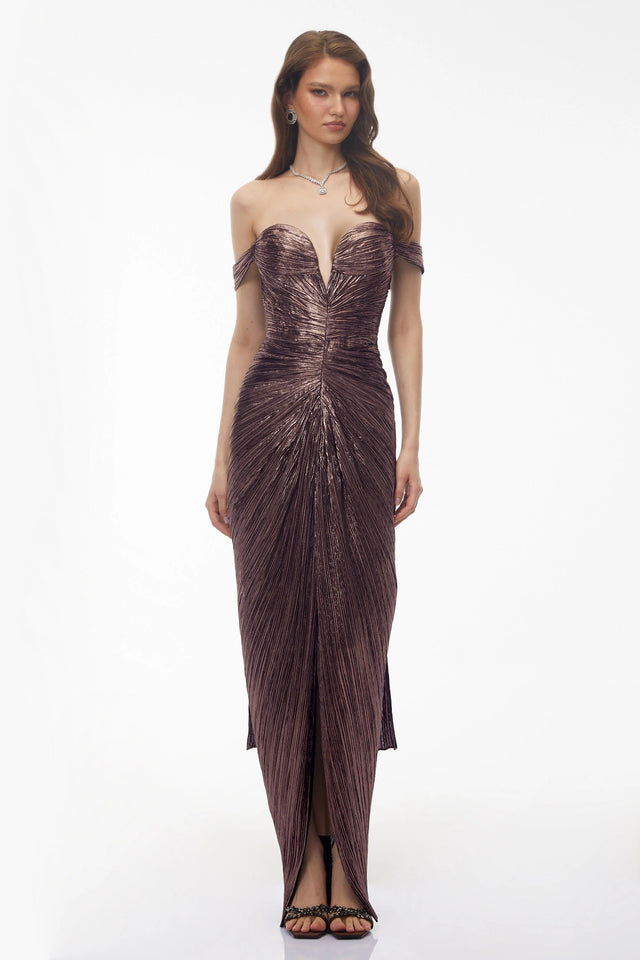Pérola Bronze Gold Metallic Off Shoulder Maxi Dress
