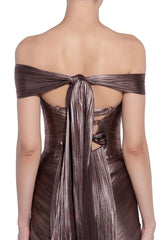 Pérola Bronze Gold Metallic Off Shoulder Maxi Dress