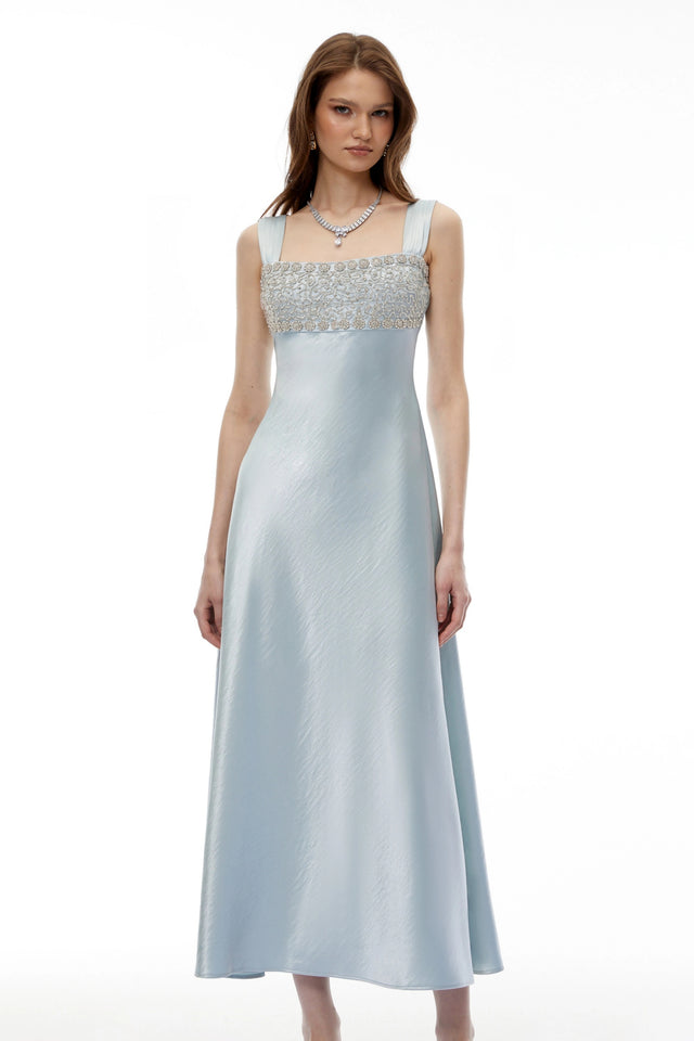 Perrine Cobalt Blue Embellished Satin Midi Dress