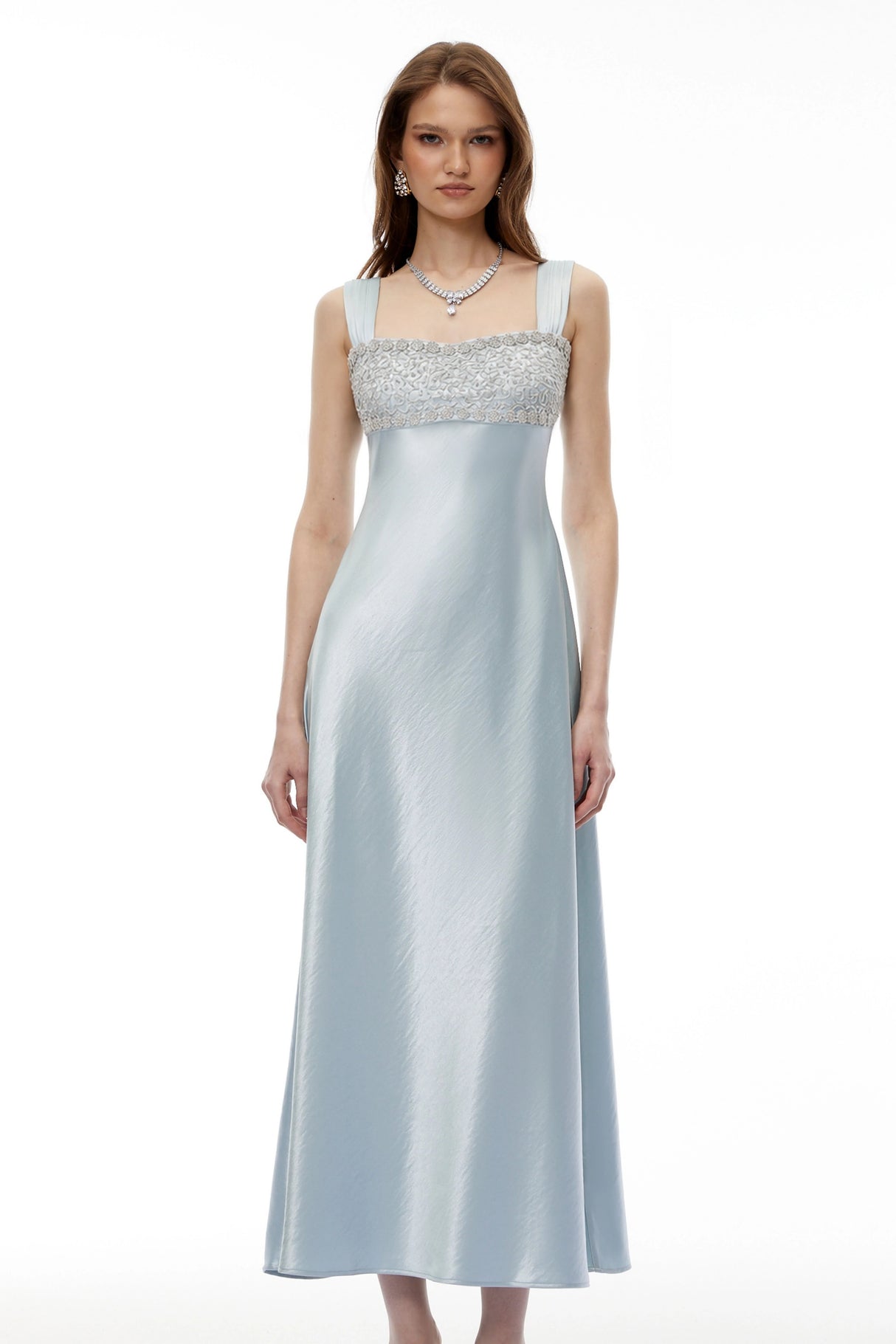 Perrine Cobalt Blue Embellished Satin Midi Dress