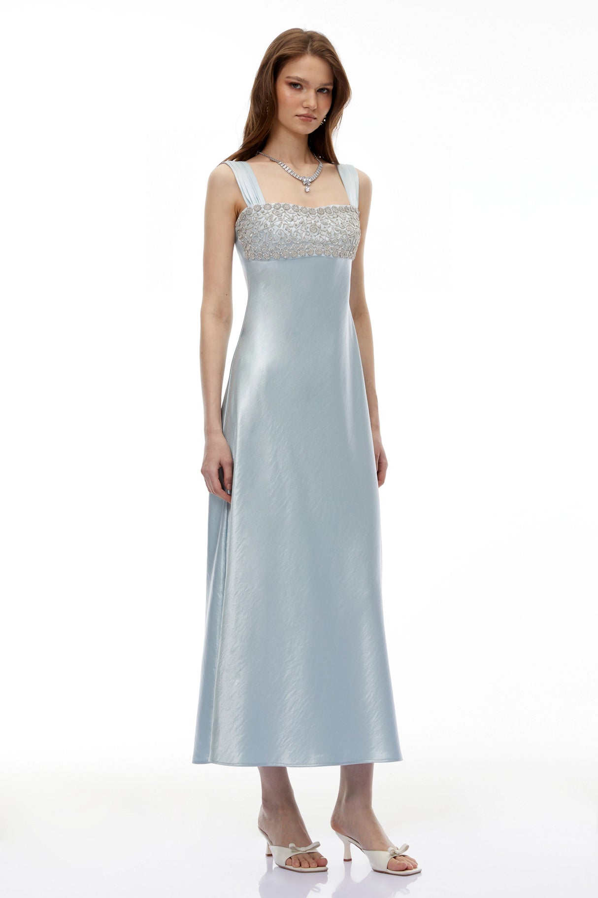 Perrine Cobalt Blue Embellished Satin Midi Dress
