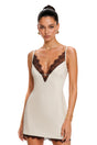 Perrine Khaki VNeck Mini Dress with Lace Trim