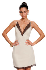 Perrine Khaki VNeck Mini Dress with Lace Trim