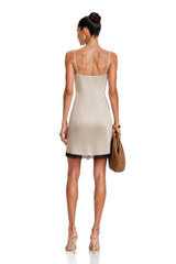 Perrine Khaki VNeck Mini Dress with Lace Trim