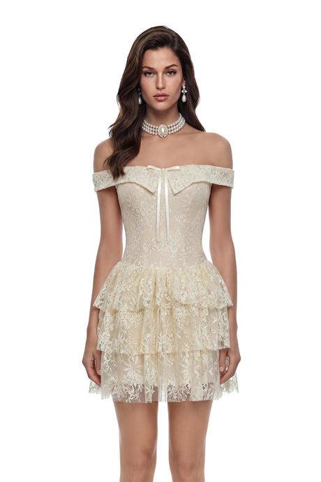 Sabina Mini Dress Cream Off Shoulder Lace