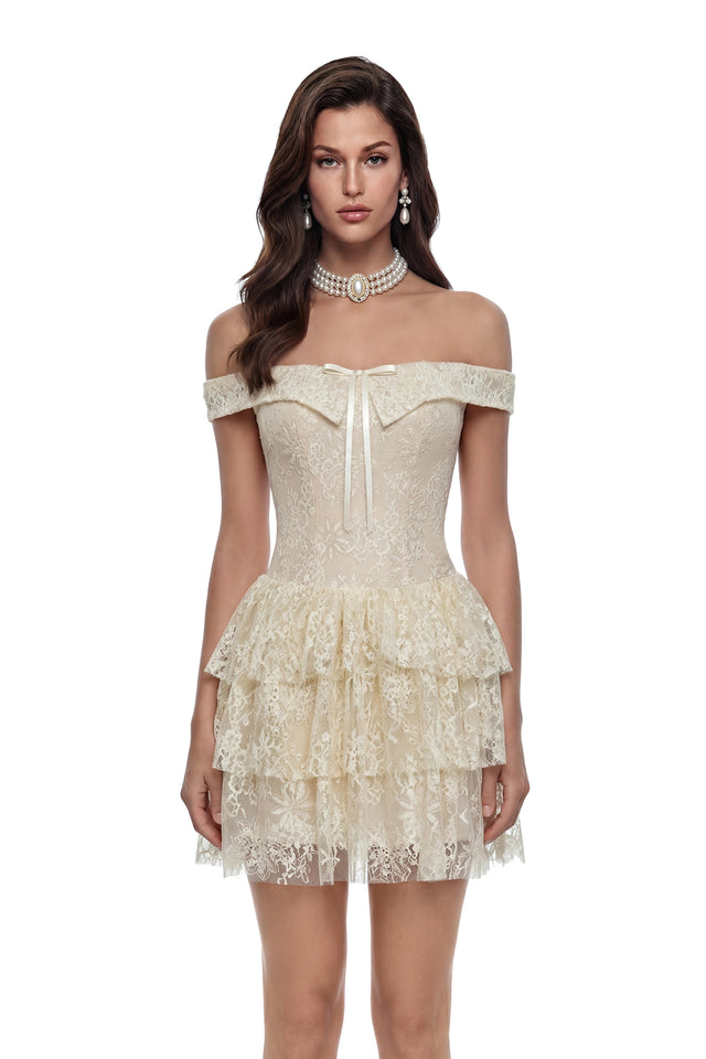 Petra Cream Off Shoulder Lace Mini Dress
