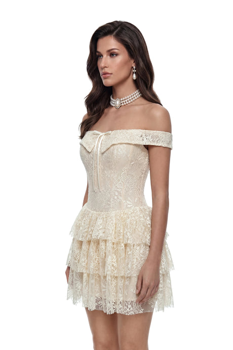 Sabina Mini Dress Cream Off Shoulder Lace