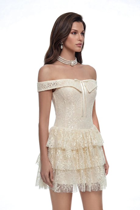 Sabina Mini Dress Cream Off Shoulder Lace