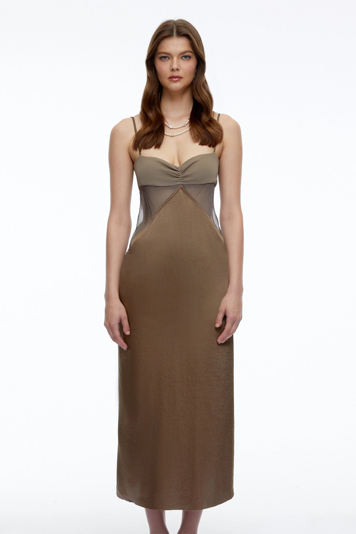 Petra Olive Green SemiSheer Satin Midi Dress