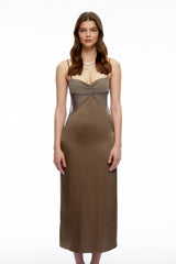 Petra Olive Green SemiSheer Satin Midi Dress