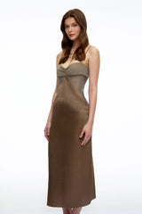 Petra Olive Green SemiSheer Satin Midi Dress