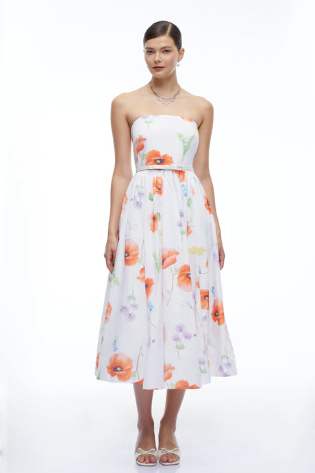 Malina Midi Dress White Floral Strapless
