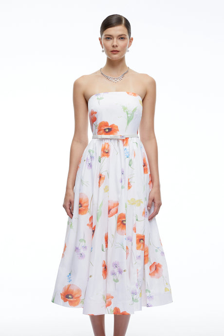 Malina Midi Dress White Floral Strapless