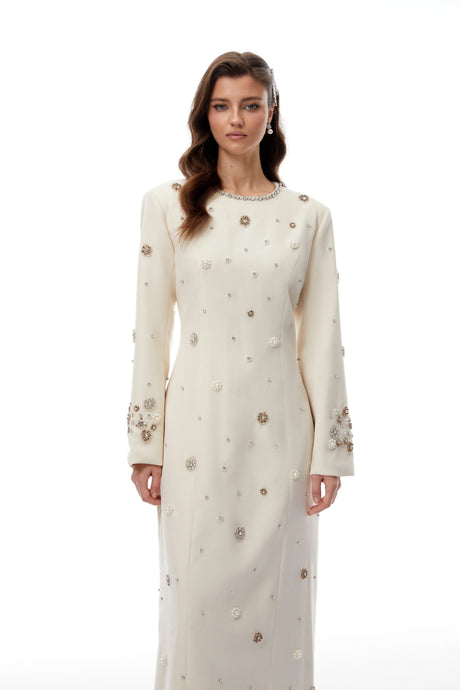 Skye Maxi Dress Cream White Fully Embellished