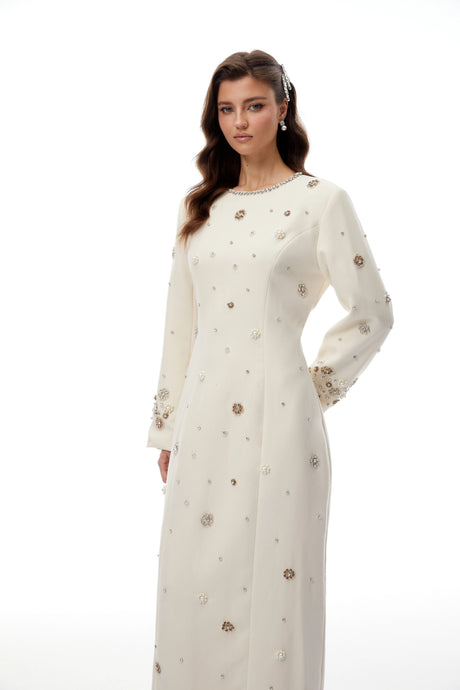 Skye Maxi Dress Cream White Fully Embellished