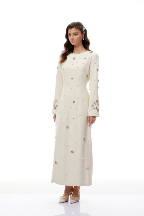 Skye Maxi Dress Cream White Fully Embellished