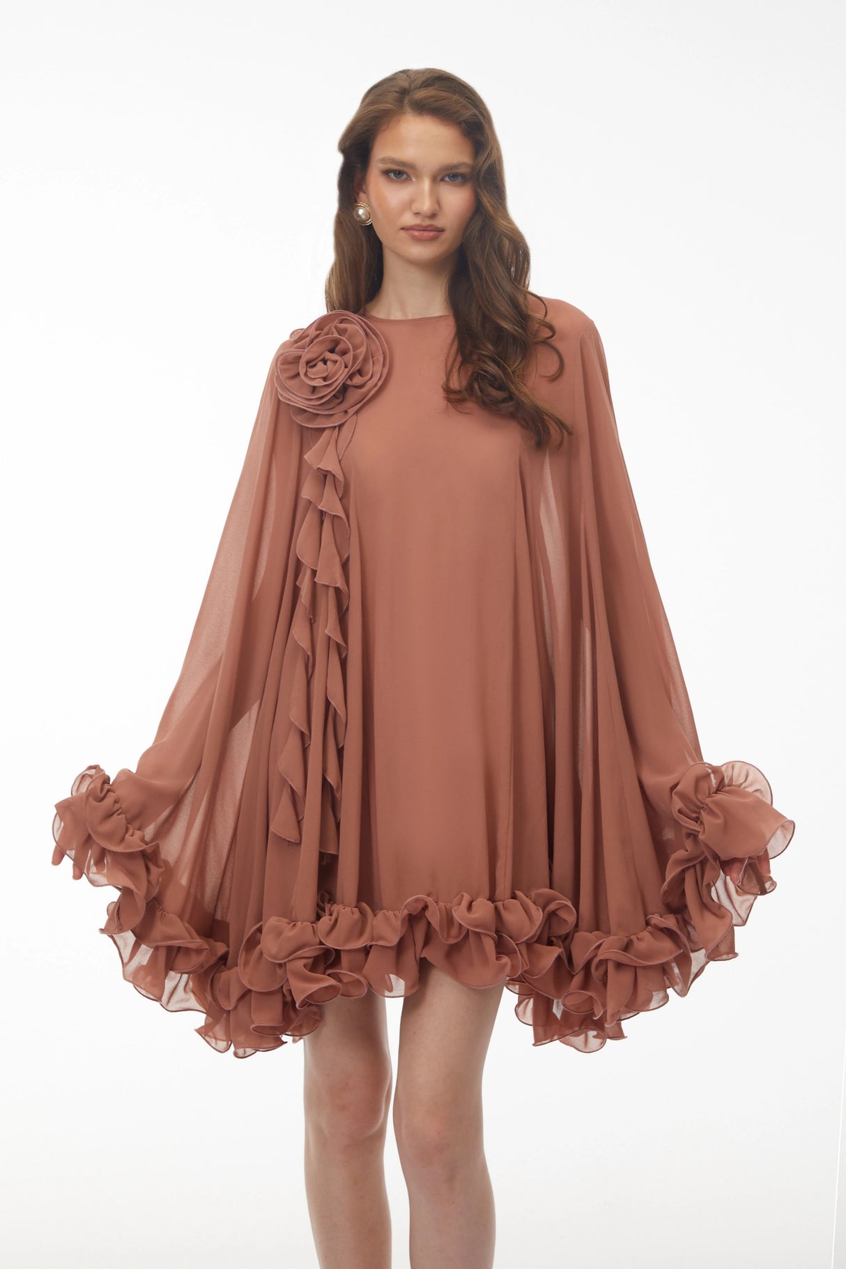Philippa Terracotta Mini Dress with 3D Florals