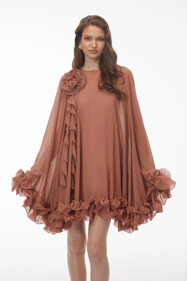 Philippa Terracotta Mini Dress with 3D Florals