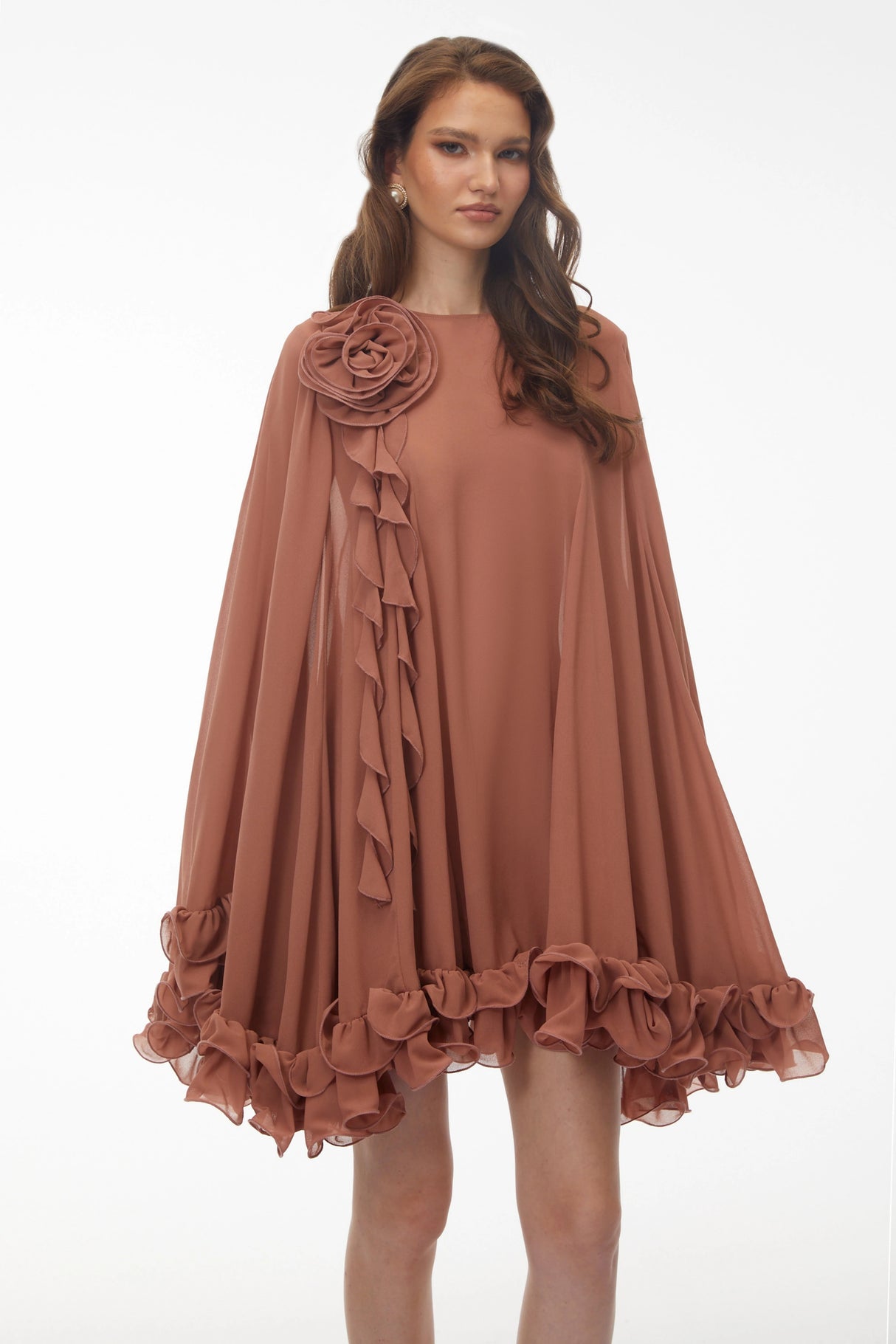 Philippa Terracotta Mini Dress with 3D Florals